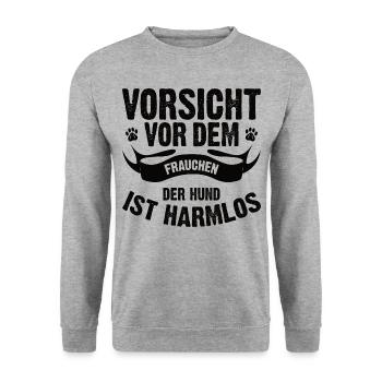 Vorsicht vor dem Frauchen der Hund ist harmlos - Unisex Pullover - Weißgrau meliert - Vorne - Alina (178cm) & Michal (187cm)