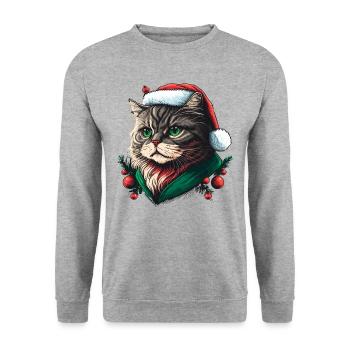 Entzückende Katze mit Weihnachtshut - Unisex Pullover - Weißgrau meliert - Vorne - Alina (178cm) & Michal (187cm)