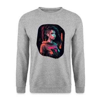 Cooles Design eines schönen Cyber Girls - Unisex Pullover - Weißgrau meliert - Vorne - Alina (178cm) & Michal (187cm)