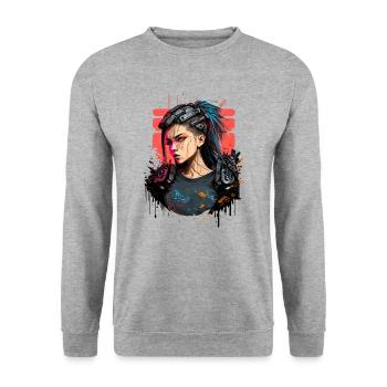 Wunderbares Design einer Cyber-Frau - Unisex Pullover - Weißgrau meliert - Vorne - Alina (178cm) & Michal (187cm)