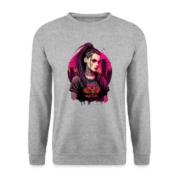 Erstaunliche digitale Illustration einer Punk-Dame - Unisex Pullover - Weißgrau meliert - Vorne - Alina (178cm) & Michal (187cm)