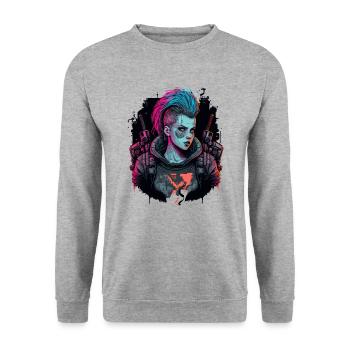 Erstaunliches Design einer Science-Fiction-Frau - Unisex Pullover - Weißgrau meliert - Vorne - Alina (178cm) & Michal (187cm)