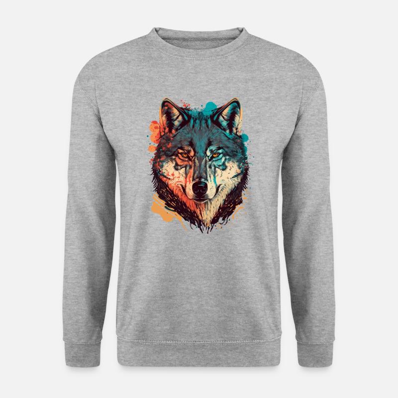 Trendige Zeichnung eines Wolfes - Unisex Pullover - Weißgrau meliert