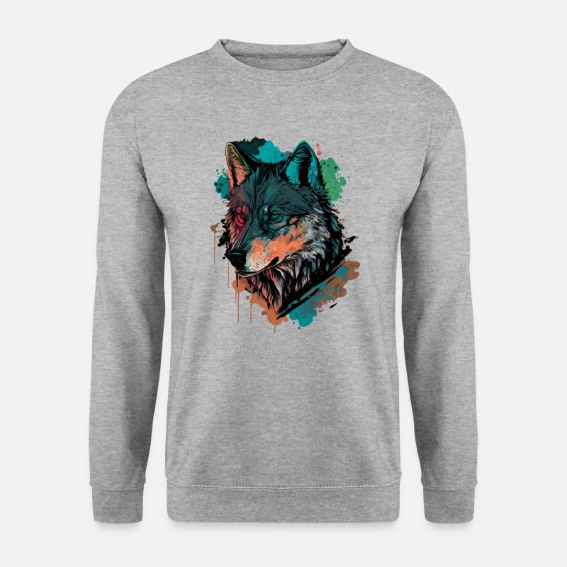 Cooles digitales Gemälde eines Wolfes - Unisex Pullover - Weißgrau meliert