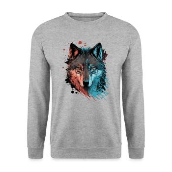 Ein Wolfskopf Digitale Illustration als der Große - Unisex Pullover - Weißgrau meliert - Vorne - Alina (178cm) & Michal (187cm)