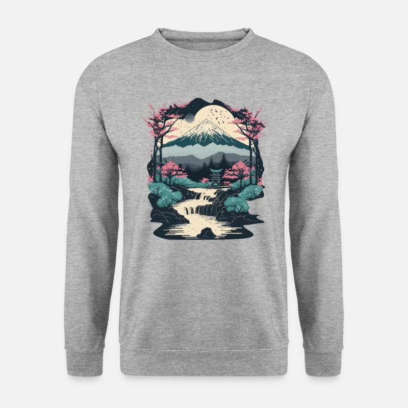 Japanes River mit Berg - Unisex Pullover - Weißgrau meliert