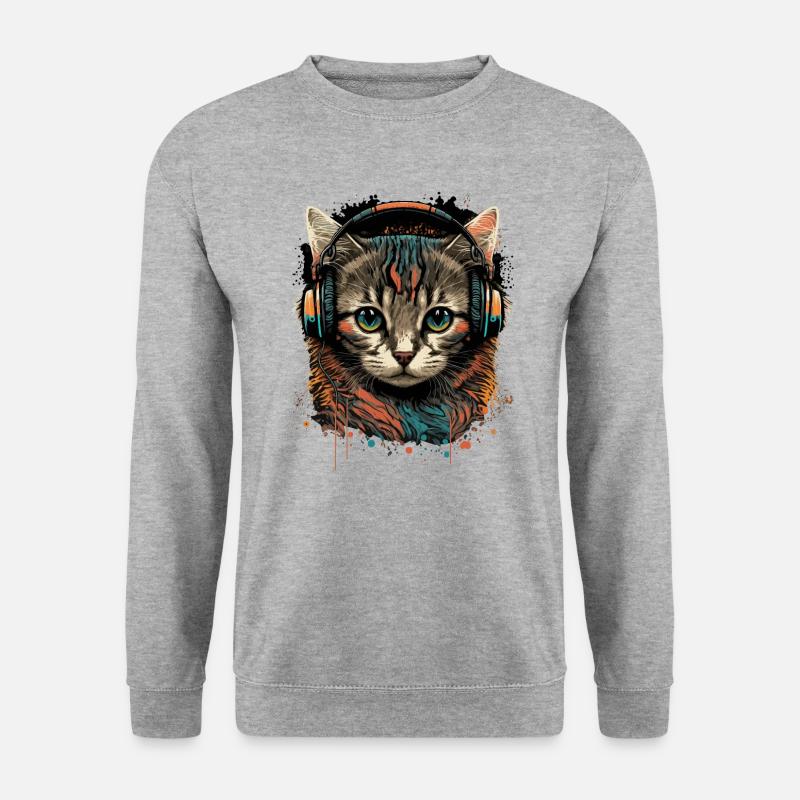 Vintage Katze mit Kopfhörern - Unisex Pullover - Weißgrau meliert