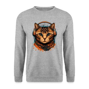 Katzentragende Kopfhörer - Unisex Pullover - Weißgrau meliert - Vorne - Alina (178cm) & Michal (187cm)
