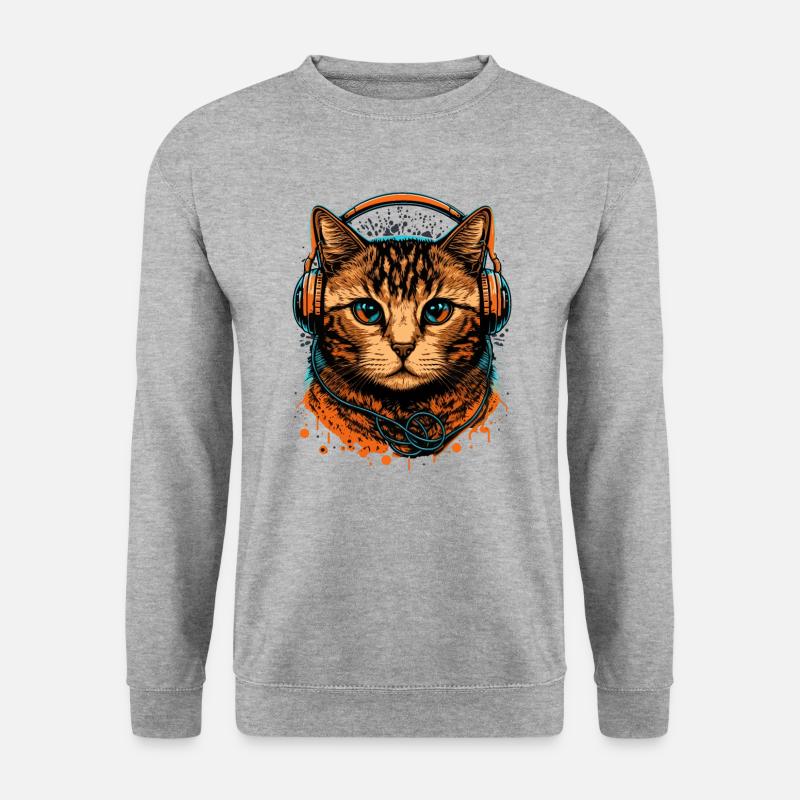 Katzentragende Kopfhörer - Unisex Pullover - Weißgrau meliert