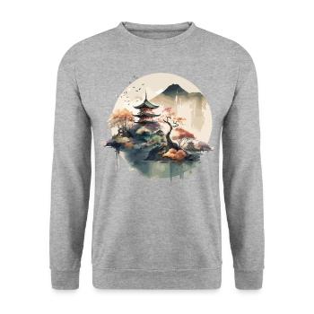 Traditionelle japanische Holzschnittkunst - Unisex Pullover - Weißgrau meliert - Vorne - Alina (178cm) & Michal (187cm)