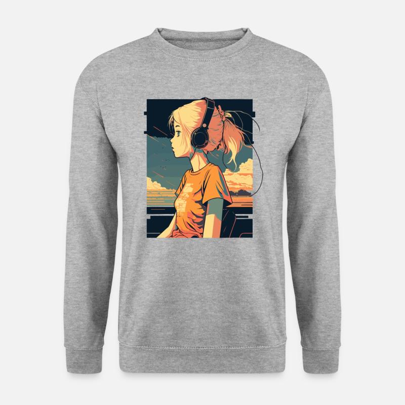 Retro Anime Mädchen - Unisex Pullover - Weißgrau meliert