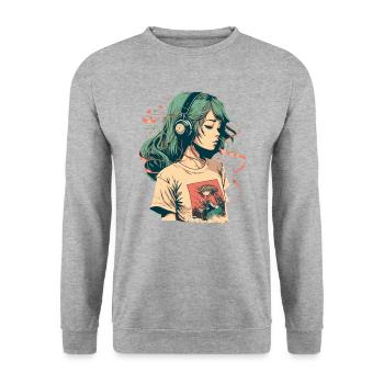 Study Girl hört Musik - Unisex Pullover - Weißgrau meliert - Vorne - Alina (178cm) & Michal (187cm)