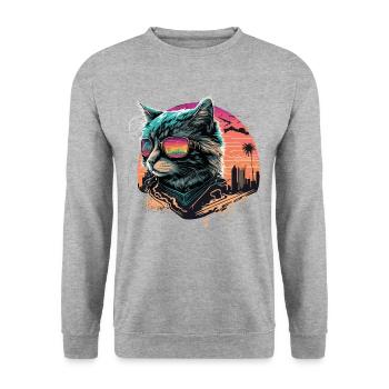 Synthwave Style Cat - Unisex Sweatshirt - salt & pepper - Front - Alina (178cm) & Michal (187cm)
