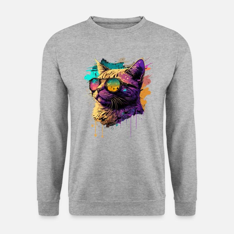 Katze mit Neon-Sonnenbrille - Unisex Pullover - Weißgrau meliert