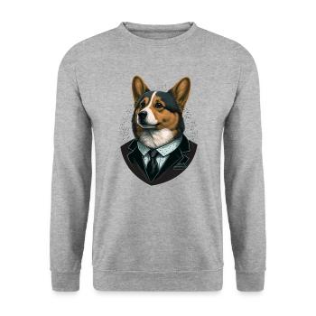 Corgi im schwarzen Anzug - Unisex Pullover - Weißgrau meliert - Vorne - Alina (178cm) & Michal (187cm)