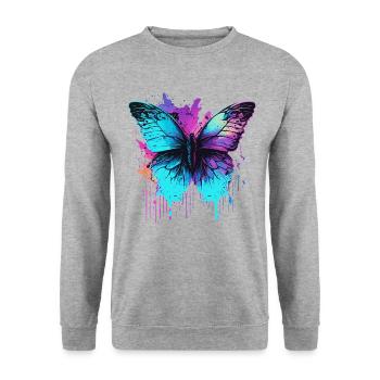 Leuchtend in blauem Schmetterling - Unisex Pullover - Weißgrau meliert - Vorne - Alina (178cm) & Michal (187cm)
