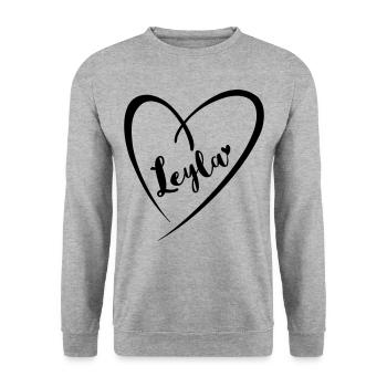 Leyla Name Vorname im Herzrahmen - Unisex Pullover - Weißgrau meliert - Vorne - Alina (178cm) & Michal (187cm)