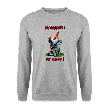 My Garden! My Rules!-Lawn Mower Garden Gnome Gardener - Unisex Sweatshirt - salt & pepper - Front - Alina (178cm) & Michal (187cm)