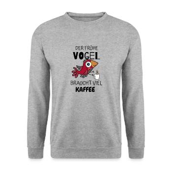DER FRÜHE VOGEL BRAUCHT VIEL KAFFEE - Unisex Pullover - Weißgrau meliert - Vorne - Alina (178cm) & Michal (187cm)