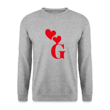 Buchstabe g rotes Herz - Unisex Pullover - Weißgrau meliert - Vorne - Alina (178cm) & Michal (187cm)