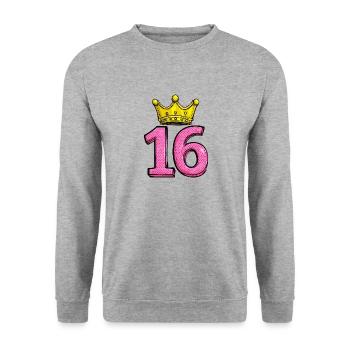 16 Zahl Krone - Unisex Pullover - Weißgrau meliert - Vorne - Alina (178cm) & Michal (187cm)