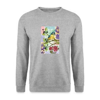 Meisen im Garten - Unisex Pullover - Weißgrau meliert - Vorne - Alina (178cm) & Michal (187cm)