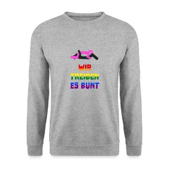Wir treiben es bunt! funny lesbian gay pride - Unisex Pullover - Weißgrau meliert - Vorne - Alina (178cm) & Michal (187cm)