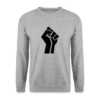 Menschenrechts Faust - Unisex Pullover - Weißgrau meliert - Vorne - Alina (178cm) & Michal (187cm)