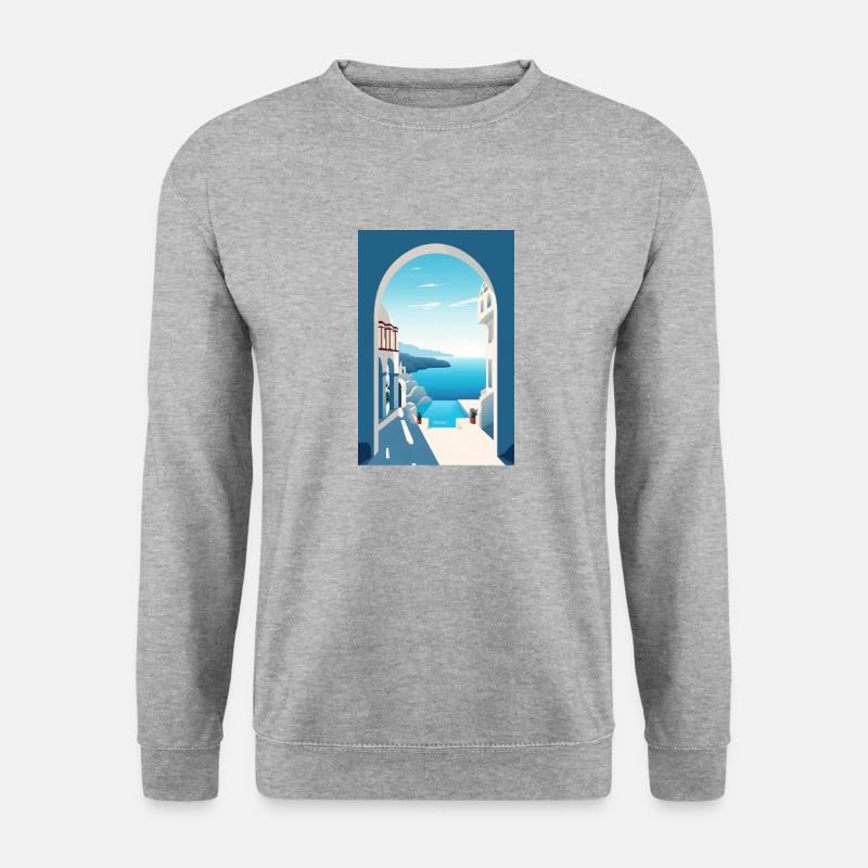 Minimalistisches Poster, Landschaft von Santorini - Unisex Pullover - Weißgrau meliert