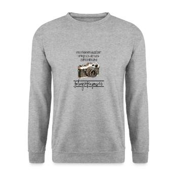 Mit meinem Auslöser Stillstand - Fotografenpower! - Unisex Pullover - Weißgrau meliert - Vorne - Alina (178cm) & Michal (187cm)