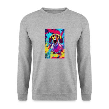Modernes Pop-Art Print | Dackel mit Graffiti Bunt - Unisex Pullover - Weißgrau meliert - Vorne - Alina (178cm) & Michal (187cm)