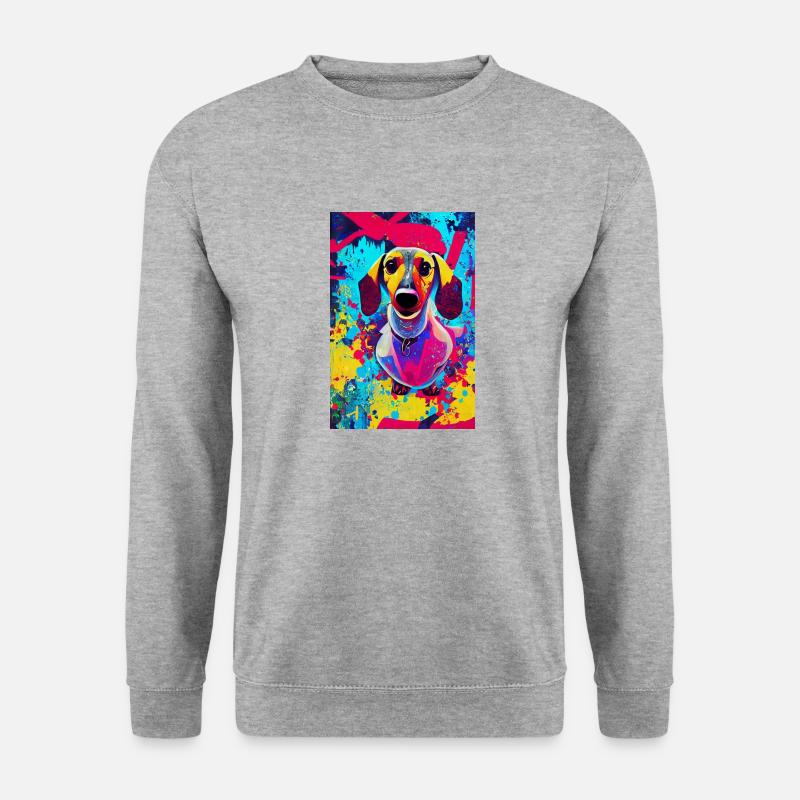 Modernes Pop-Art Print | Dackel mit Graffiti Bunt - Unisex Pullover - Weißgrau meliert