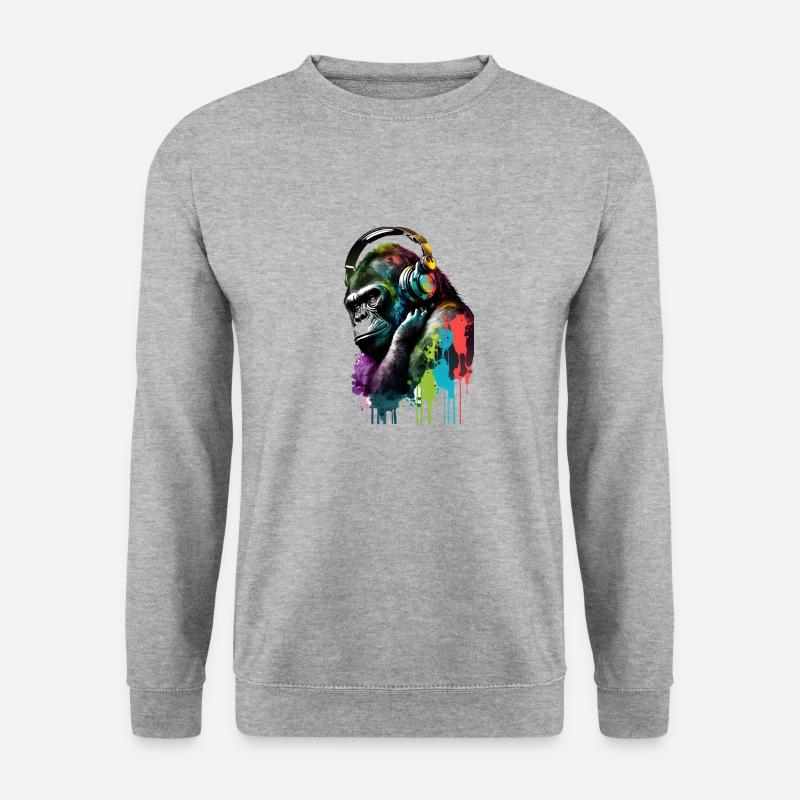 Gorilla mit Kopfhörern - Unisex Pullover - Weißgrau meliert