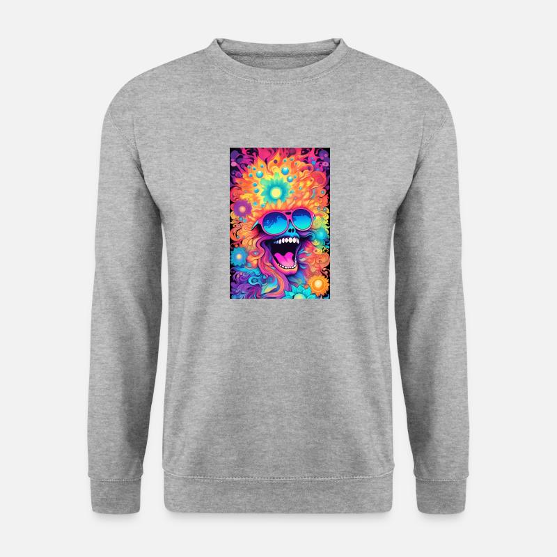 Psychedelic mit lachendem Gesicht, bunte Farben - Unisex Pullover - Weißgrau meliert