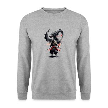 Samurai Krieger Schwarzer Drache - Unisex Pullover - Weißgrau meliert - Vorne - Alina (178cm) & Michal (187cm)