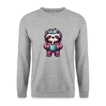 Faultier im Pyjama mit einer Tasse Kaffee - Unisex Pullover - Weißgrau meliert - Vorne - Alina (178cm) & Michal (187cm)