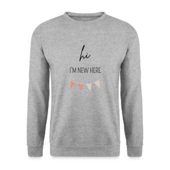 HI I'M NEW HERE | Baby Body Geschenk - Unisex Pullover - Weißgrau meliert - Vorne - Alina (178cm) & Michal (187cm)