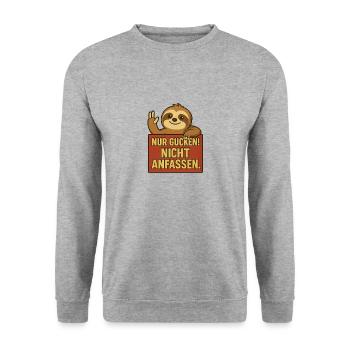 Witziges Faultier Shirt – Nur gucken! Nicht anfass - Unisex Pullover - Weißgrau meliert - Vorne - Alina (178cm) & Michal (187cm)