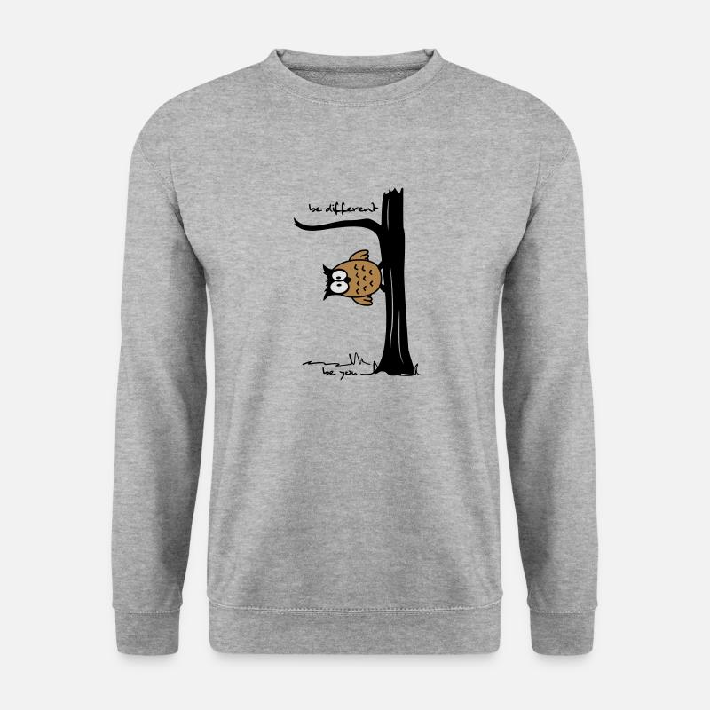 Eule auf Baum "be different, be you" - Unisex Pullover - Weißgrau meliert