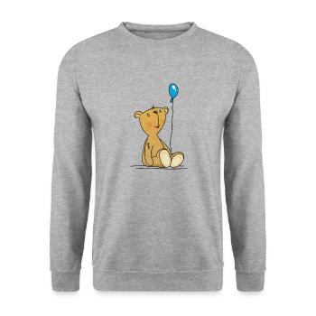 Teddybär mit blauem Luftballon Kuscheltier Kinder - Unisex Pullover - Weißgrau meliert - Vorne - Alina (178cm) & Michal (187cm)