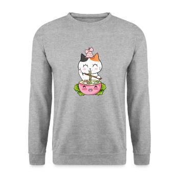 Ramen Cat Kawaii Anime - Unisex Pullover - Weißgrau meliert - Vorne - Alina (178cm) & Michal (187cm)