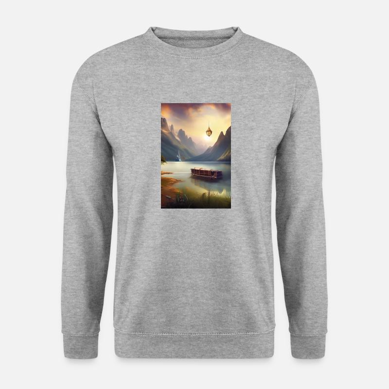 Landschaft mit See, Boot und Berge - Unisex Pullover - Weißgrau meliert