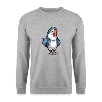 Bobby, der mürrische Hahn - Unisex Pullover - Weißgrau meliert - Vorne - Alina (178cm) & Michal (187cm)