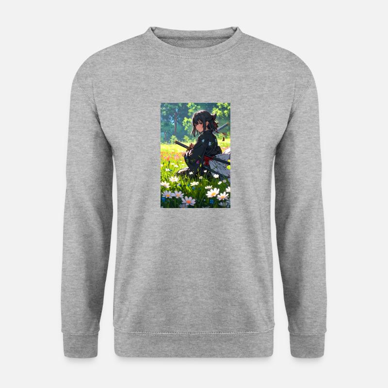 Samurai Anime Girl – Tradition trifft auf Eleganz - Unisex Pullover - Weißgrau meliert