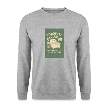 T-shirt Introvert Club – Réunions Annulées Depuis - Sweat-shirt Unisexe - gris chiné - Devant - Alina (178cm) & Michal (187cm)