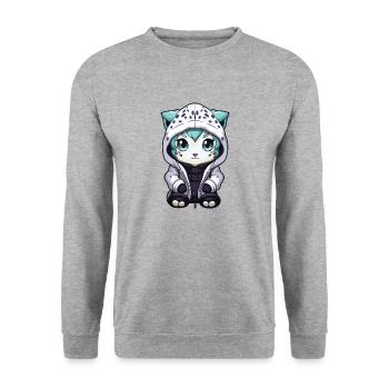Schneeleopard Winter leopard Comic Niedlich - Unisex Pullover - Weißgrau meliert - Vorne - Alina (178cm) & Michal (187cm)