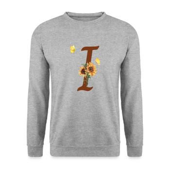 Buchstabe i Sonnenblume Schmetterling - Unisex Pullover - Weißgrau meliert - Vorne - Alina (178cm) & Michal (187cm)