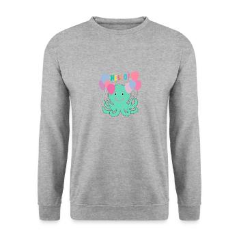 Krake Mit Luftballons sagt Hallo - Meer Spaß - Unisex Pullover - Weißgrau meliert - Vorne - Alina (178cm) & Michal (187cm)