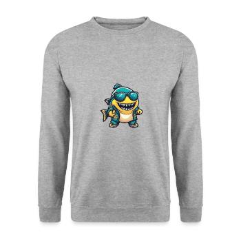 Piranha Fisch Comic Urlaub - Unisex Pullover - Weißgrau meliert - Vorne - Alina (178cm) & Michal (187cm)