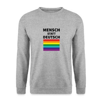 Mensch statt deutsch Spruch Pride Flagge - Unisex Pullover - Weißgrau meliert - Vorne - Alina (178cm) & Michal (187cm)